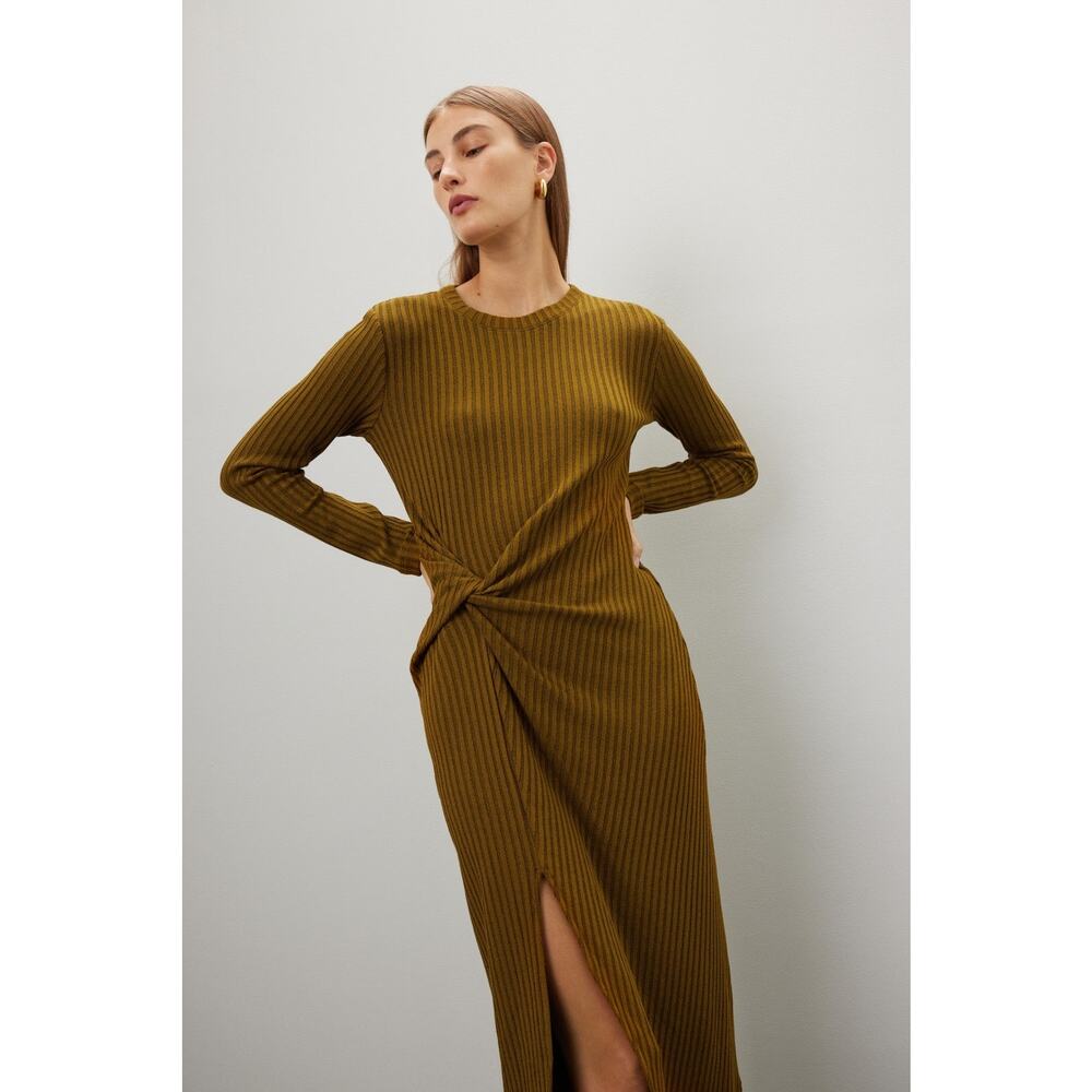Tanya Taylor Elana Green Brown Ribbed Knit Long Sleeve Knotted Midi Dress Size M